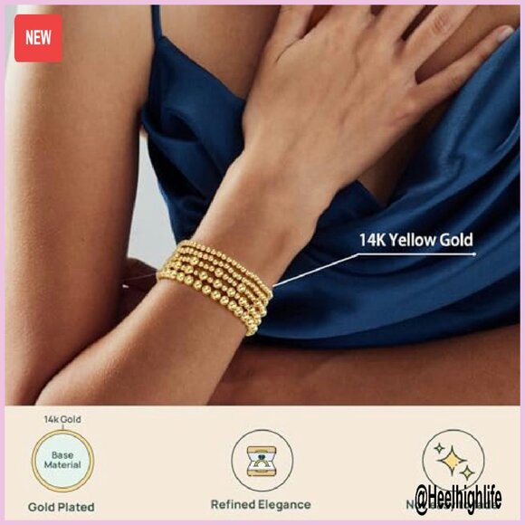 14K Gold Plated Beaded Bracelet Set Stackable Adjustable 5PCS - Picture 4 of 8